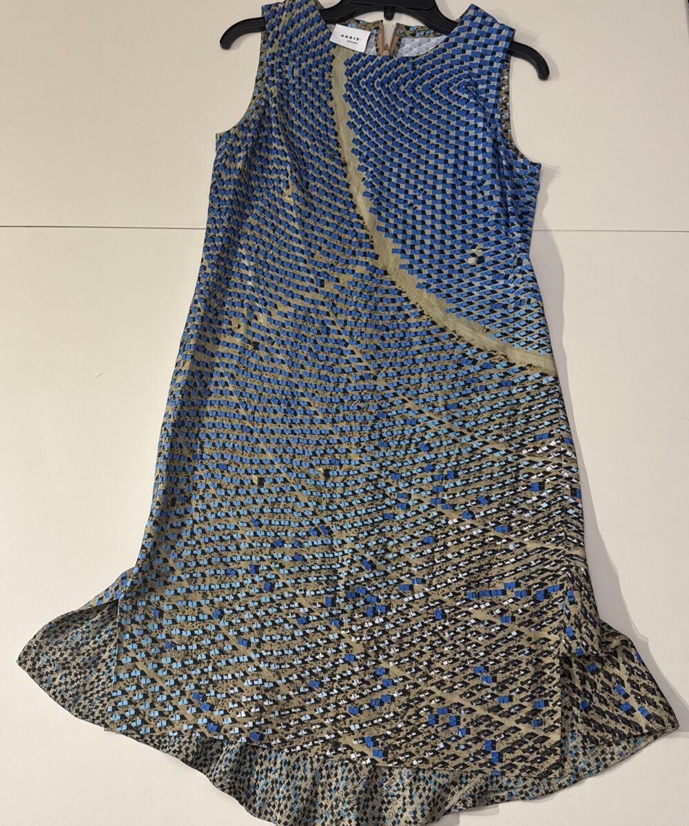 Akris Punto Solar Plants Print Sleeveless Shift Dress Flounce Hem Blue Size 8